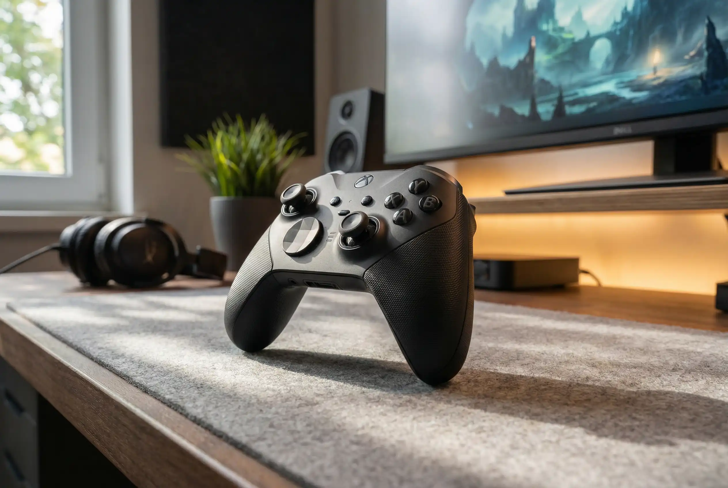 Marketing-ready product photo of a game controller in a realistic gaming setup