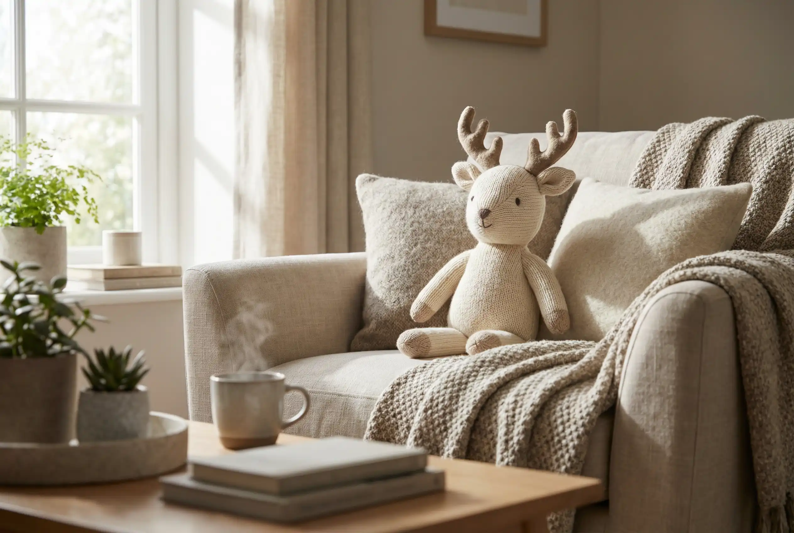 Lifestyle product photo of a plush toy placed in a realistic home environment