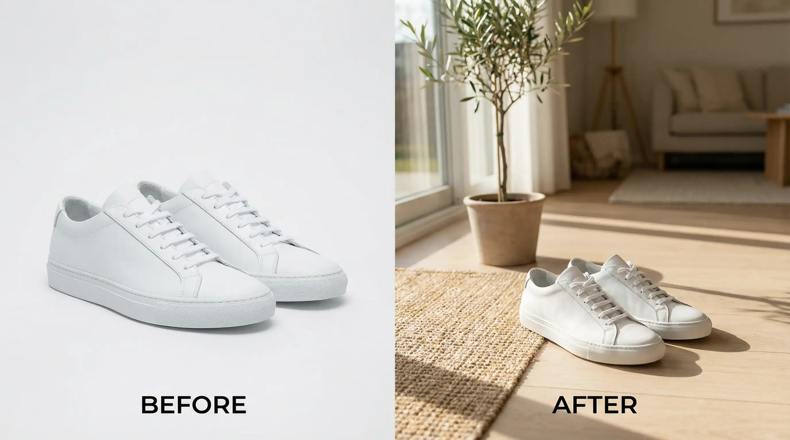 Before and after comparison of a sneaker product photo transformed into a realistic lifestyle scene