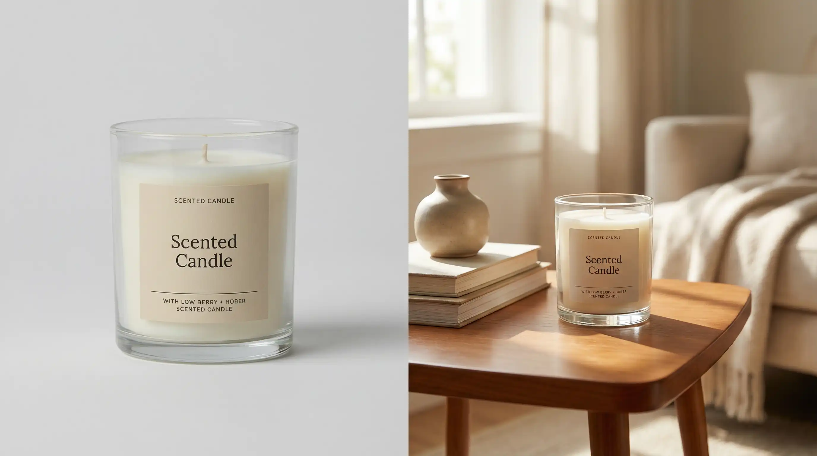 Before and after comparison of a scented candle product photo transformed into a realistic lifestyle scene