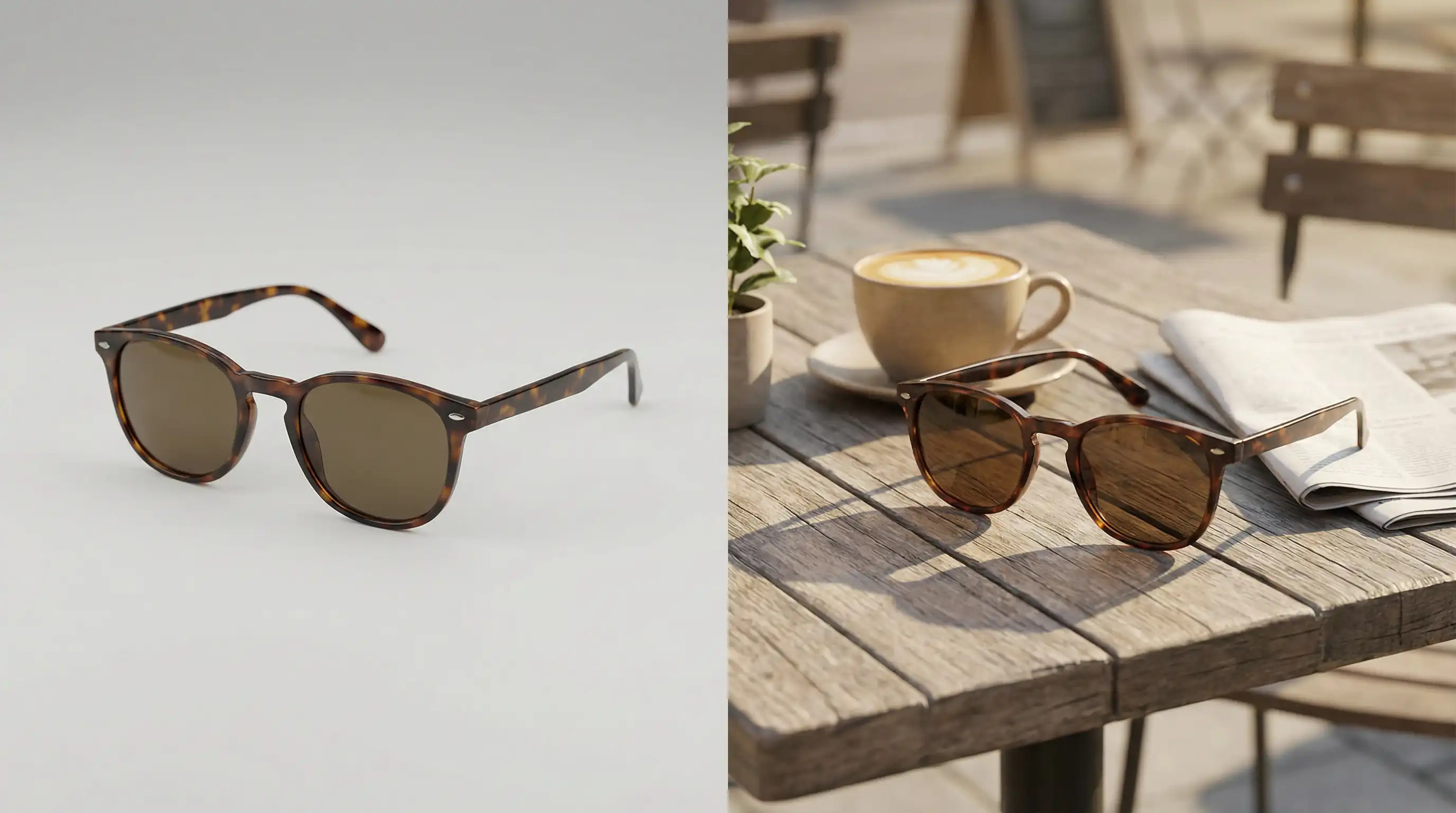 Before and after comparison of a sunglasses product photo transformed into a premium lifestyle scene