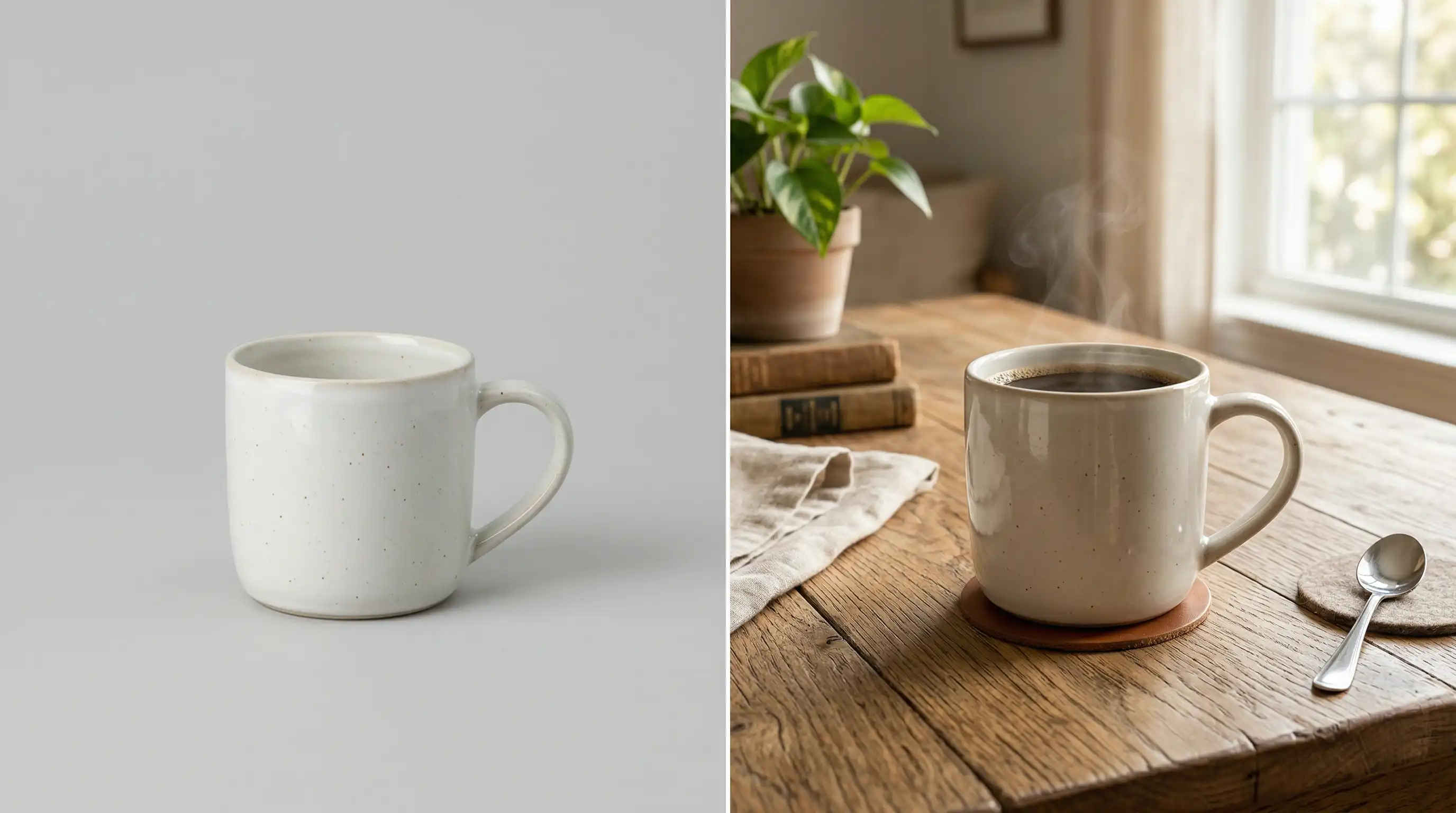 Before and after comparison of a plain mug product photo transformed into a realistic lifestyle image
