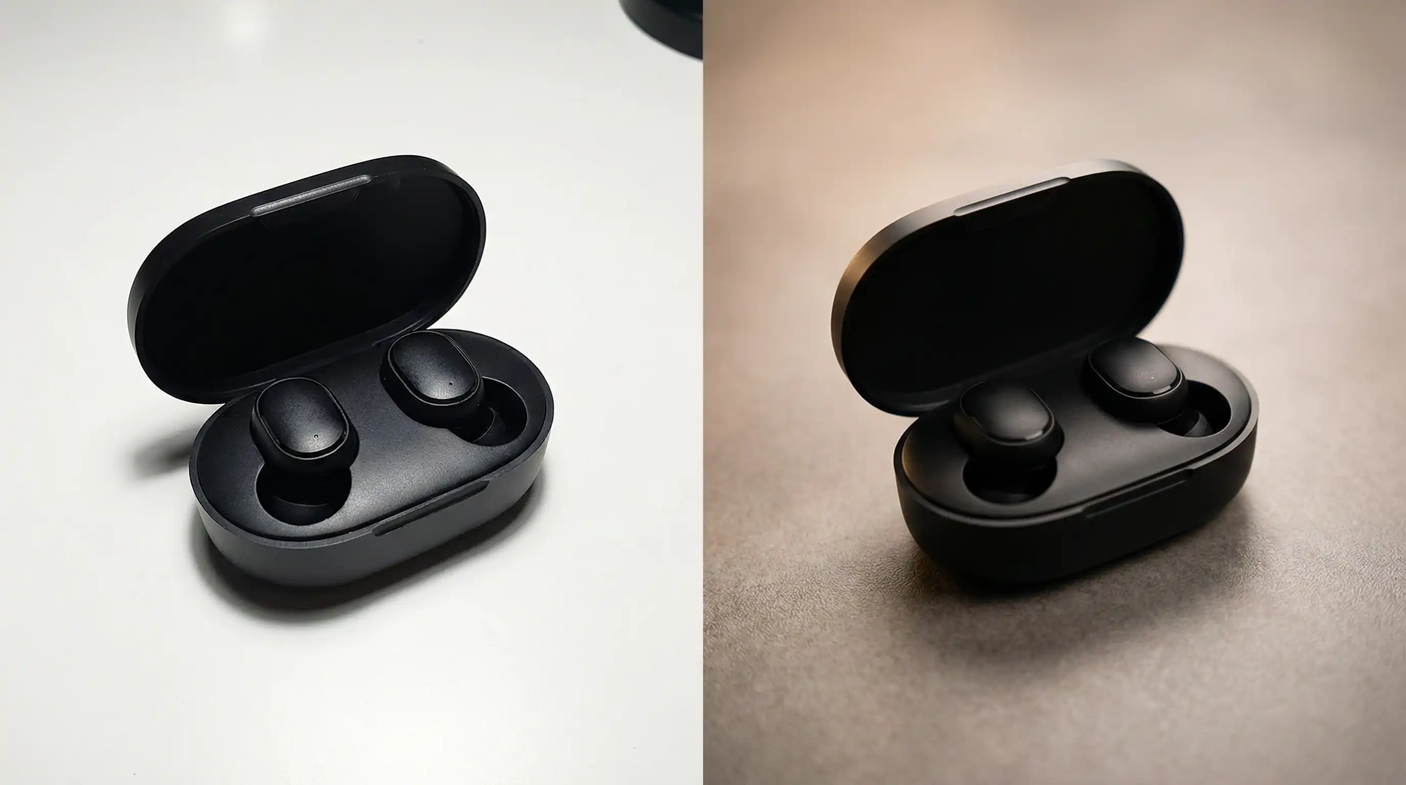 Before and after comparison of wireless earbuds with improved lighting and more professional product presentation
