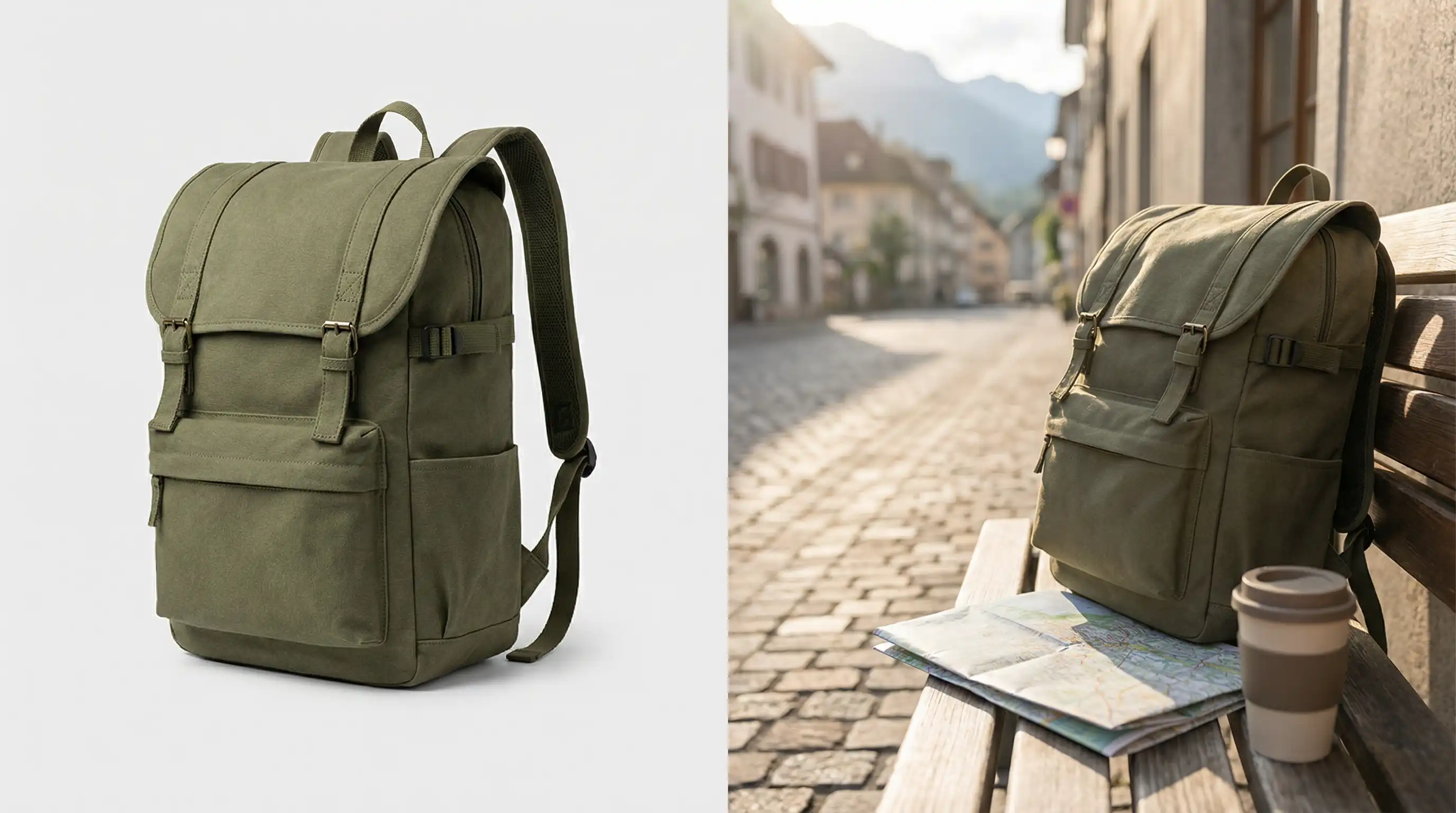 Before and after comparison of a backpack product photo turned into a polished ecommerce marketing image