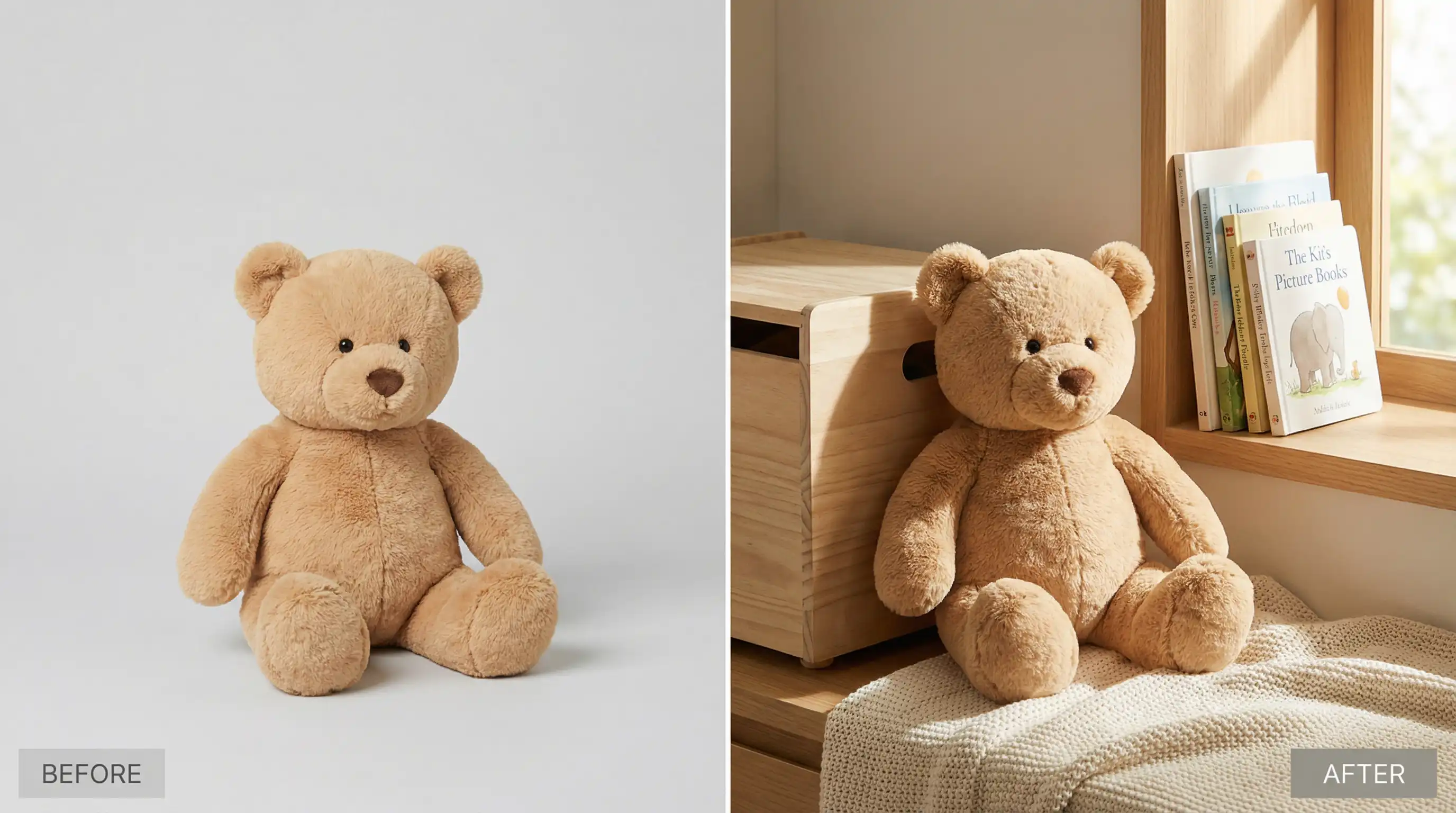 Before and after comparison of a plush toy product photo transformed into a realistic lifestyle scene