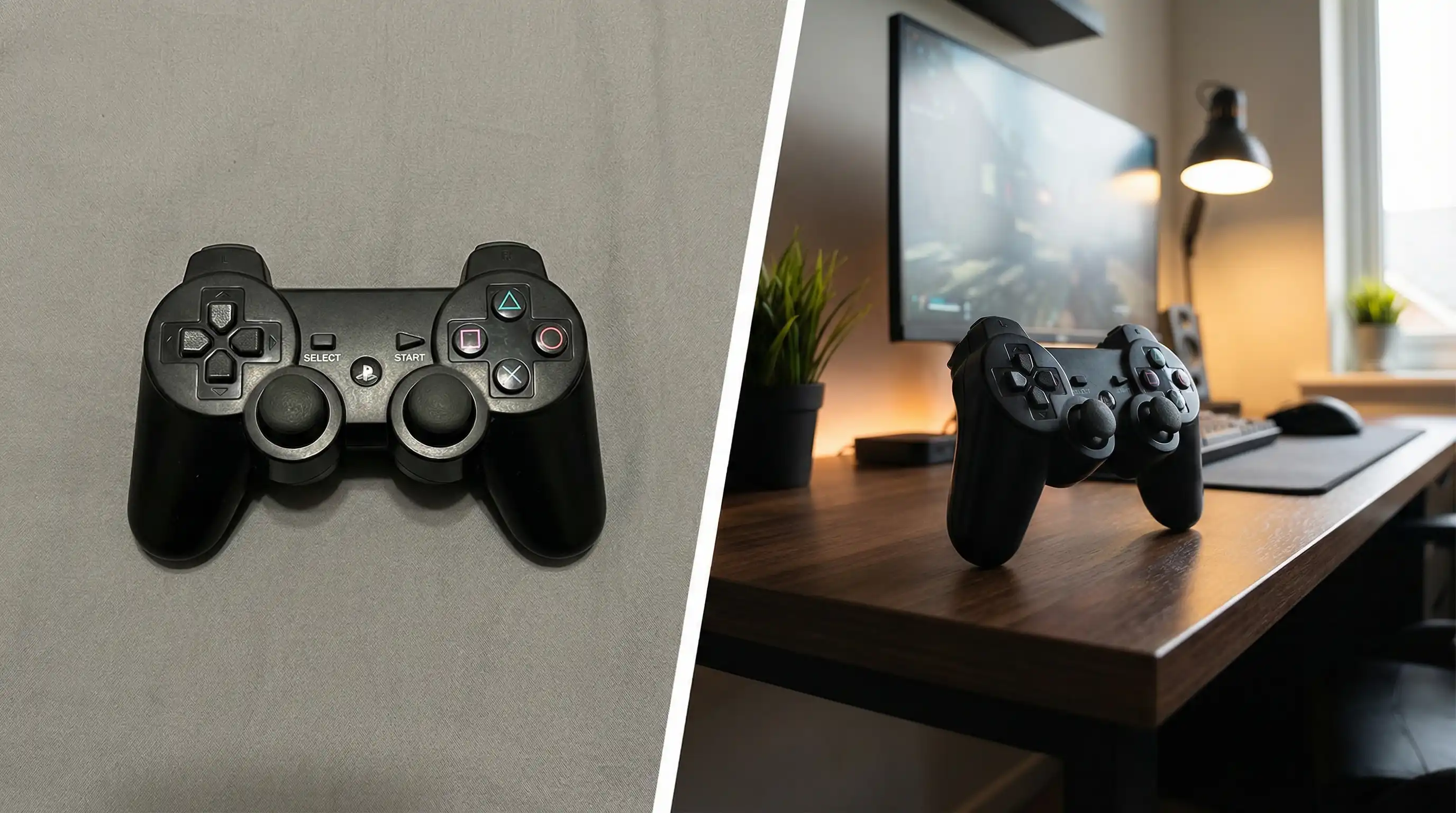 Before and after comparison of a game controller product image with improved lighting, shadows, and angle