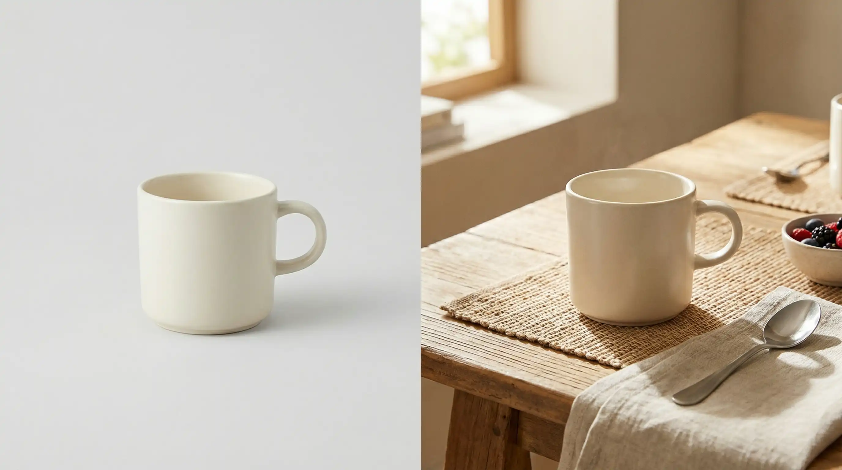 Before and after comparison of a ceramic mug product photo turned into a marketing-ready lifestyle image