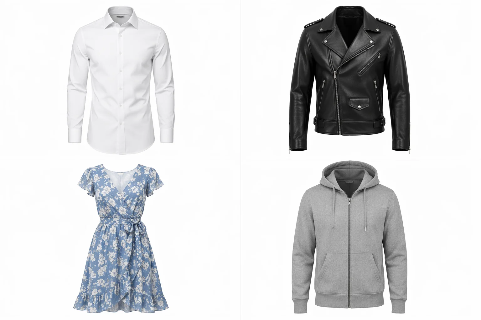 Different clothing types with ghost mannequin effect — shirts, jackets, dresses, and hoodies