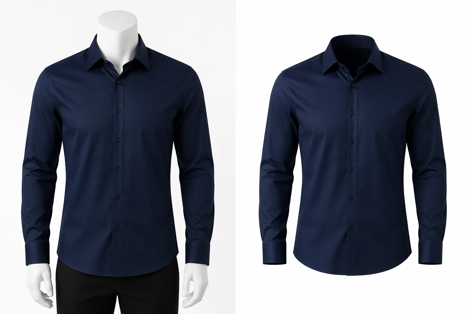 Ghost mannequin effect — before and after comparison showing clothing on a mannequin transformed into an invisible mannequin product photo