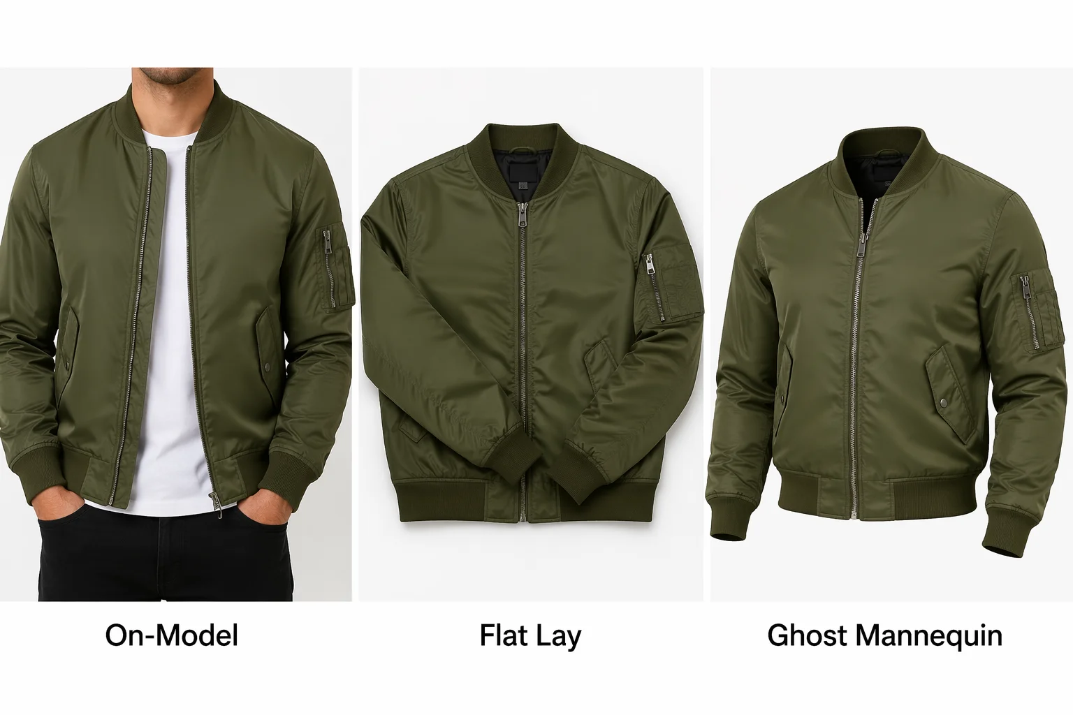 Three-way comparison — the same jacket shown as on-model photography, flat lay, and ghost mannequin product photo