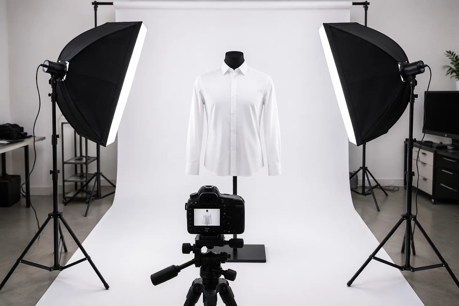 Ghost mannequin studio setup — clothing dressed on a mannequin with camera on tripod and softbox lighting against a white background