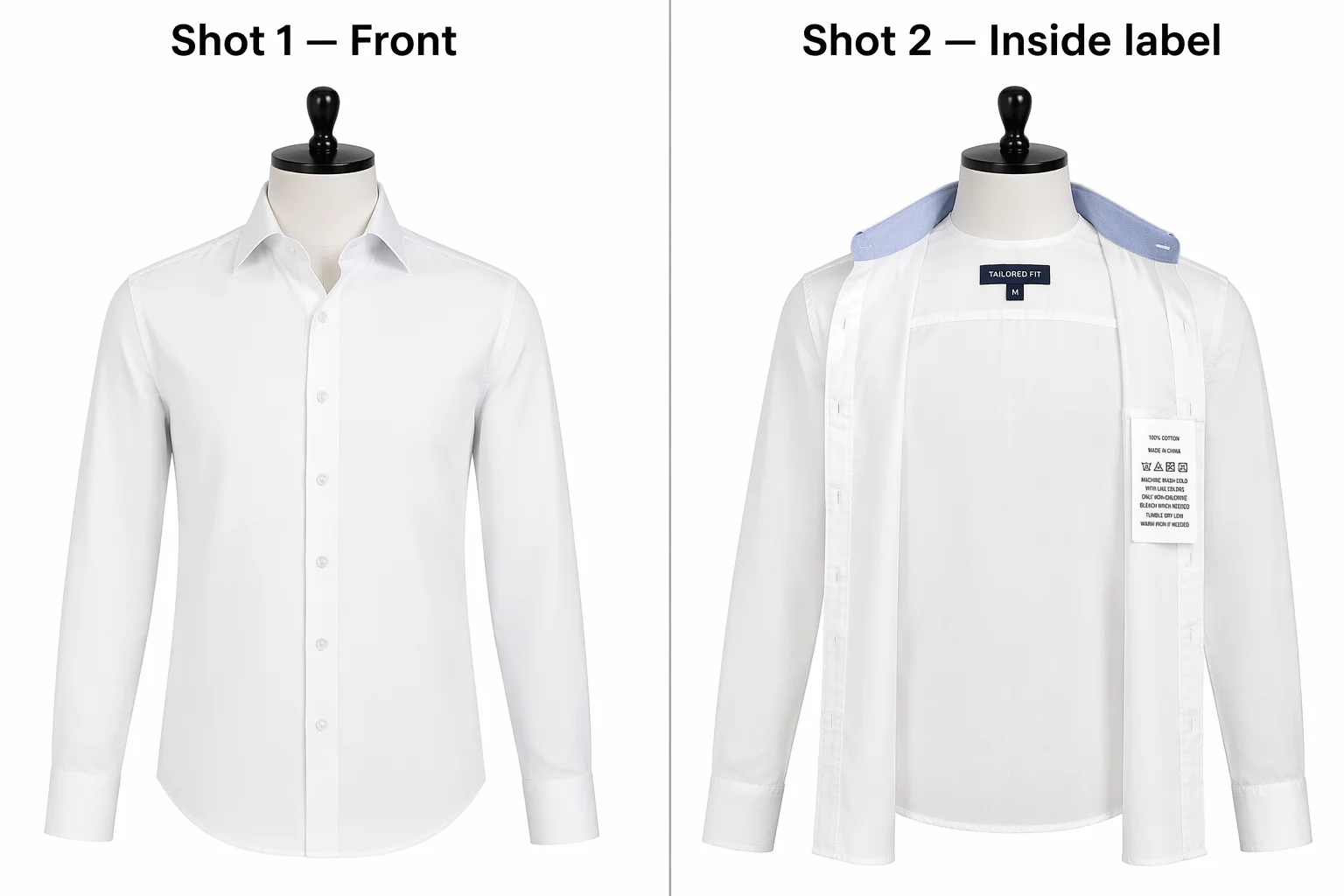 Inside label shot — shirt turned inside out on mannequin to reveal inner collar and label area for neck joint editing