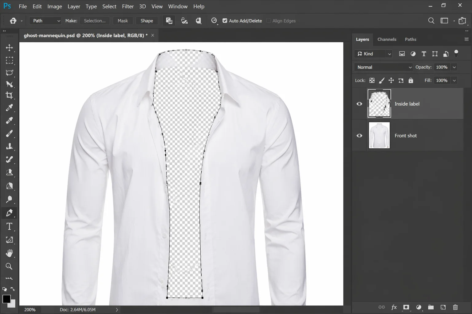 Photoshop mannequin removal — layer masking step showing mannequin being selected and removed from the garment photo