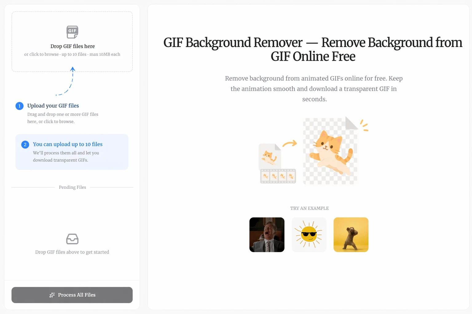 Upload a white-background GIF by dragging it into the upload area or clicking to browse