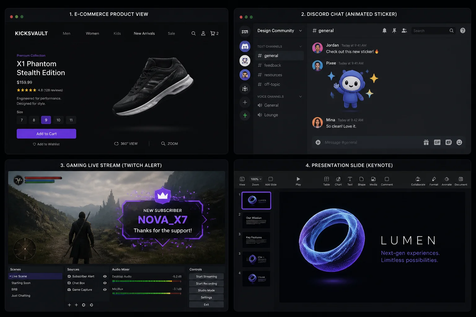 Four use cases for transparent GIFs after white background removal: dark-mode website, Discord sticker, Twitch stream overlay, and dark presentation slide