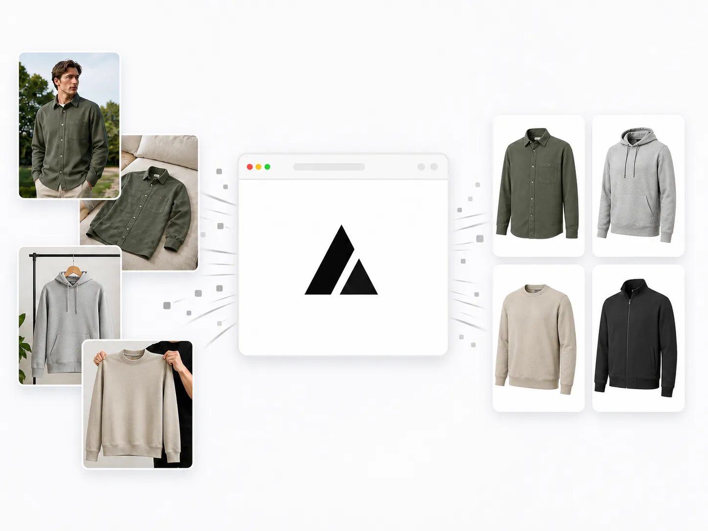 AI 幽灵模特工具将多种服装照片转换为干净的电商商品图