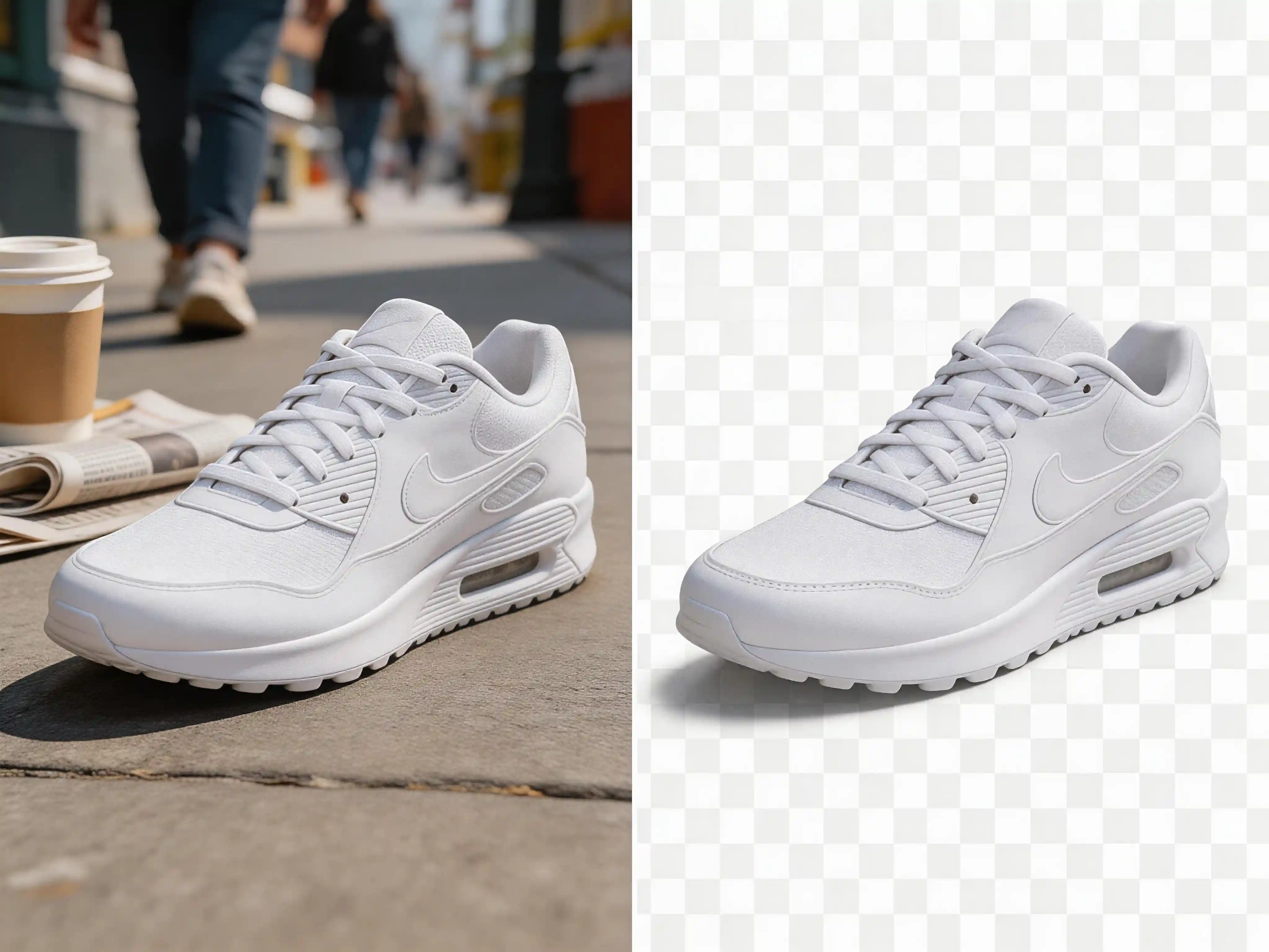 White sneaker background removal before and after, showing a lifestyle street photo converted into a transparent product image