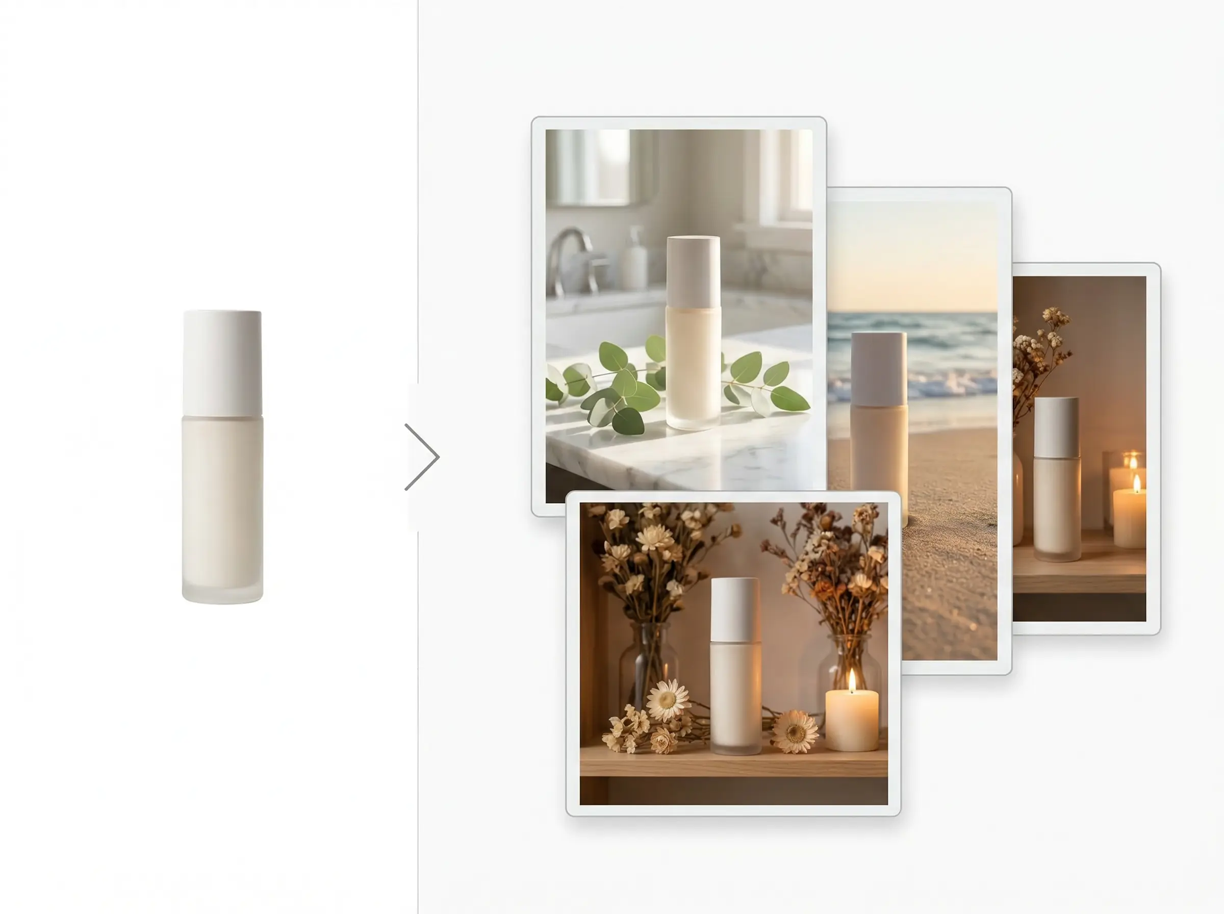 AI product scene generator example, turning a simple cosmetic bottle photo into multiple lifestyle product scenes