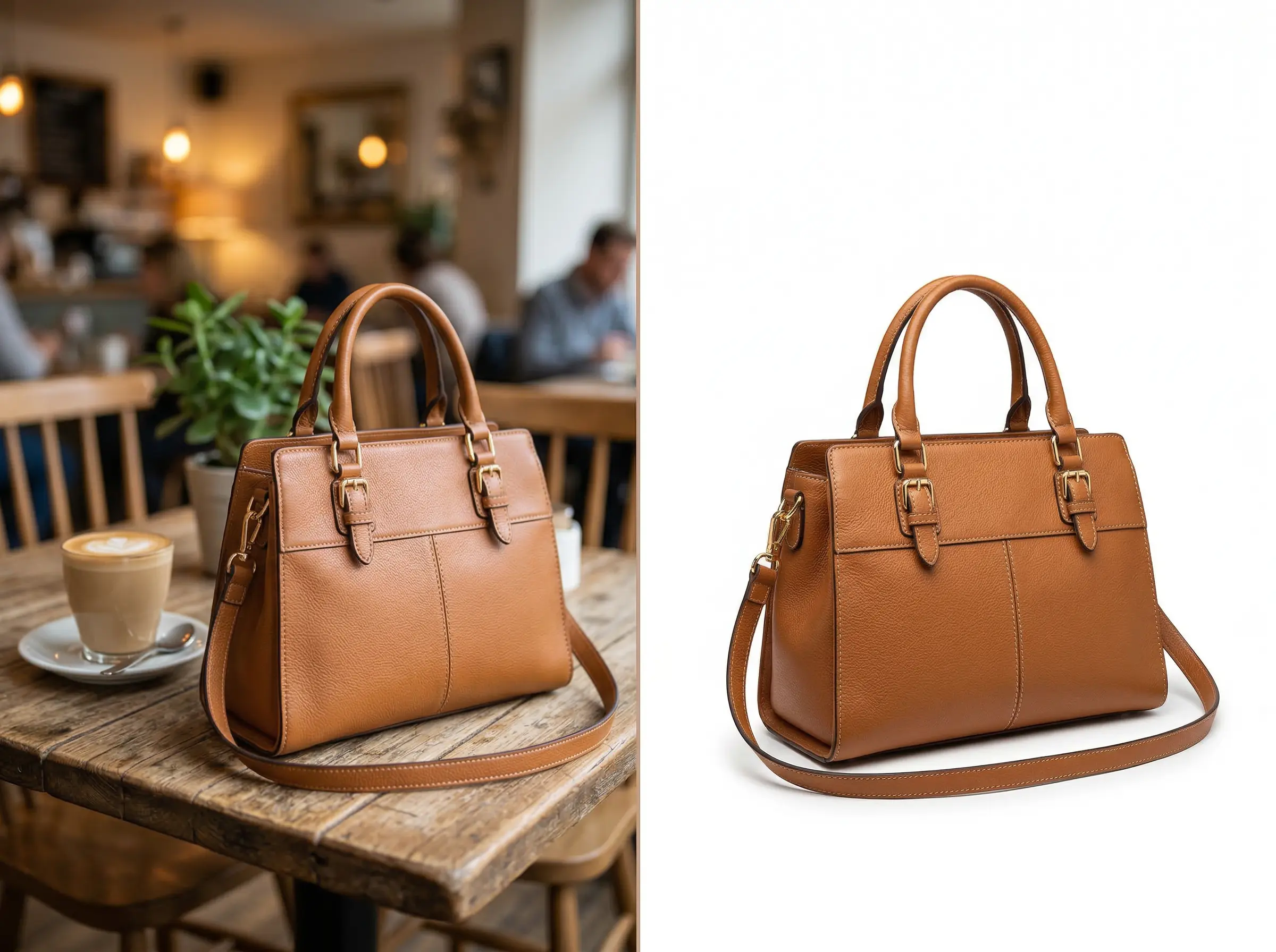 Brown leather handbag background replacement before and after, showing a cafe scene converted into a clean white product photo