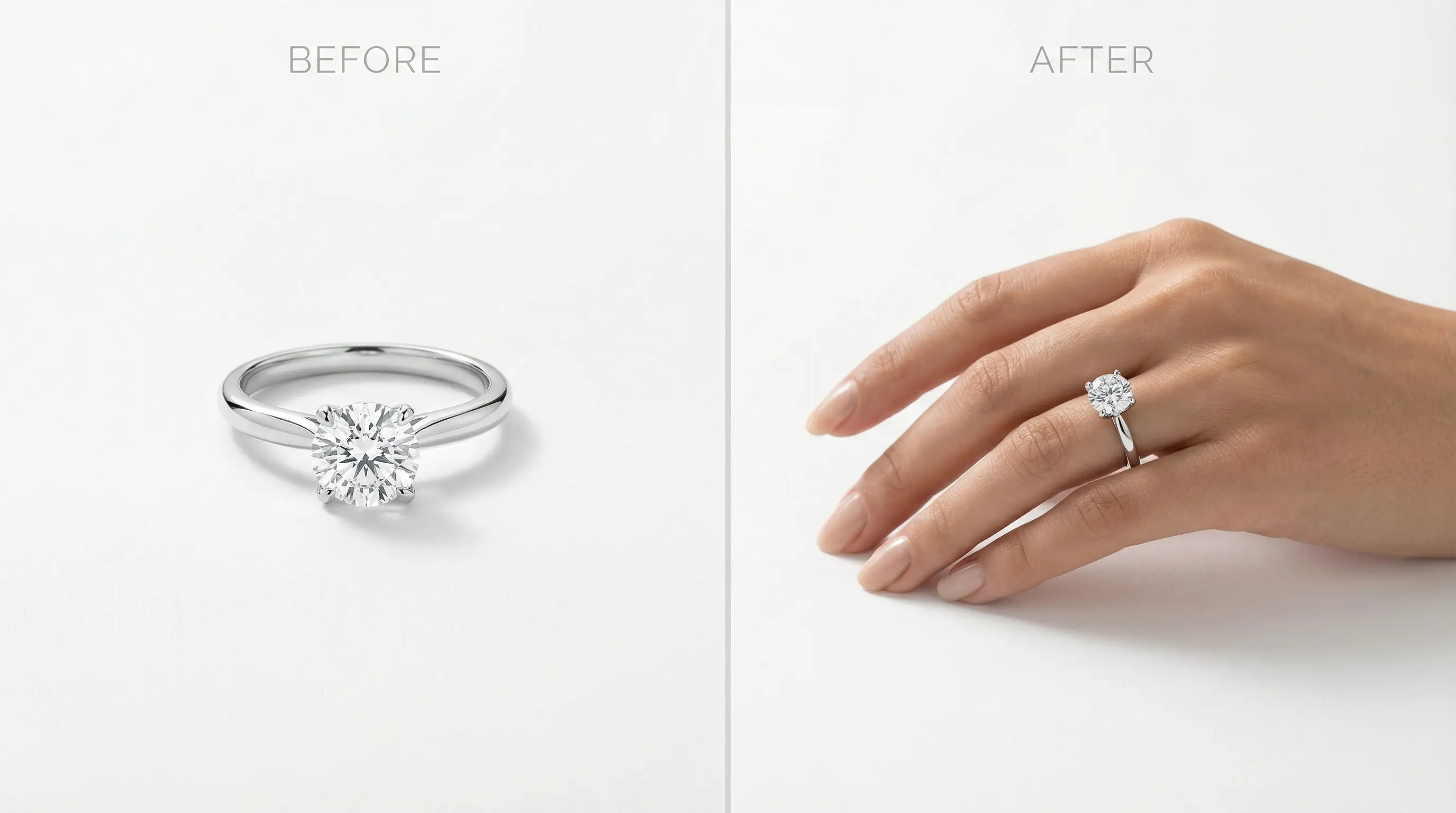 Virtual ring try-on before and after — plain product photo vs AI-generated hand model shot